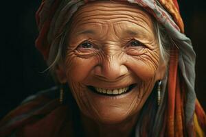 portrait de une souriant Sénior femme. concentrer sur le yeux. ai généré pro photo