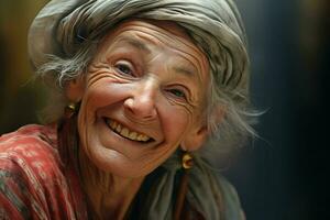 portrait de une souriant Sénior femme. concentrer sur le yeux. ai généré pro photo