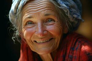 portrait de une souriant Sénior femme. concentrer sur le yeux. ai généré pro photo