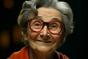 portrait de une souriant Sénior femme. concentrer sur le yeux. ai généré pro photo