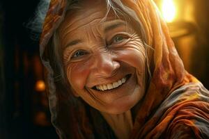 portrait de une souriant Sénior femme. concentrer sur le yeux. ai généré pro photo