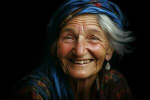 portrait de une souriant Sénior femme. concentrer sur le yeux. ai généré pro photo