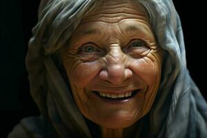 portrait de une souriant Sénior femme. concentrer sur le yeux. ai généré pro photo