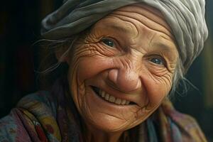 portrait de une souriant Sénior femme. concentrer sur le yeux. ai généré pro photo