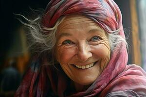 portrait de une souriant Sénior femme. concentrer sur le yeux. ai généré pro photo