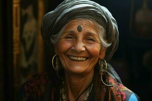 portrait de une souriant Sénior femme. concentrer sur le yeux. ai généré pro photo
