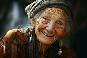 portrait de une souriant Sénior femme. concentrer sur le yeux. ai généré pro photo