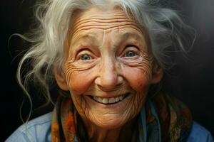 portrait de une souriant Sénior femme. concentrer sur le yeux. ai généré pro photo