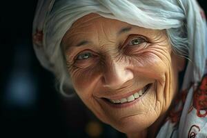 portrait de une souriant Sénior femme. concentrer sur le yeux. ai généré pro photo