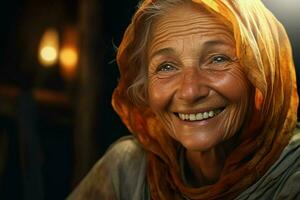 portrait de une souriant Sénior femme. concentrer sur le yeux. ai généré pro photo