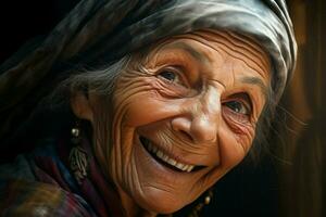 portrait de une souriant Sénior femme. concentrer sur le yeux. ai généré pro photo