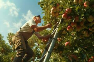 agriculteur récolte pommes dans verger sur ensoleillé journée. Masculin jardinier cueillette pommes dans verger. ai généré pro photo