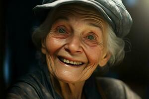 portrait de une souriant Sénior femme. concentrer sur le yeux. ai généré pro photo