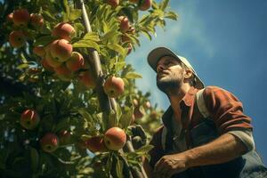 agriculteur récolte pommes dans verger sur ensoleillé journée. Masculin jardinier cueillette pommes dans verger. ai généré pro photo