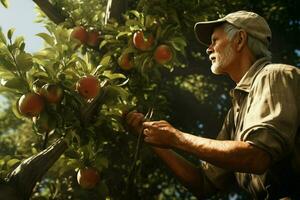 agriculteur récolte pommes dans verger sur ensoleillé journée. Masculin jardinier cueillette pommes dans verger. ai généré pro photo