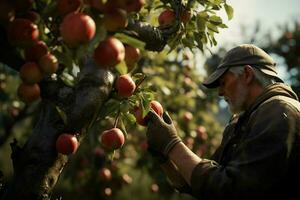 agriculteur récolte pommes dans verger sur ensoleillé journée. Masculin jardinier cueillette pommes dans verger. ai généré pro photo