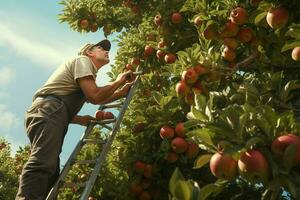 agriculteur récolte pommes dans verger sur ensoleillé journée. Masculin jardinier cueillette pommes dans verger. ai généré pro photo