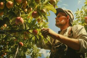 agriculteur récolte pommes dans verger sur ensoleillé journée. Masculin jardinier cueillette pommes dans verger. ai généré pro photo