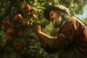 agriculteur récolte pommes dans verger sur ensoleillé journée. Masculin jardinier cueillette pommes dans verger. ai généré pro photo