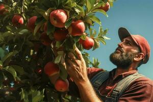 agriculteur récolte pommes dans verger sur ensoleillé journée. Masculin jardinier cueillette pommes dans verger. ai généré pro photo