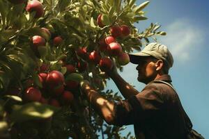 agriculteur récolte pommes dans verger sur ensoleillé journée. Masculin jardinier cueillette pommes dans verger. ai généré pro photo