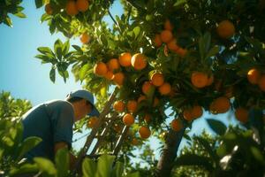 agriculteur récolte des oranges sur une agrumes arbre dans sicile, Italie. ai généré pro photo