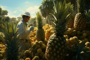 une homme récolte Ananas dans le champ. concept de récolte Ananas. ai généré pro photo