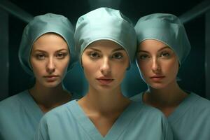magnifique Jeune femmes dans médical uniforme permanent dans hôpital couloir. ai généré pro photo