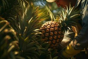 une homme récolte Ananas dans le champ. concept de récolte Ananas. ai généré pro photo