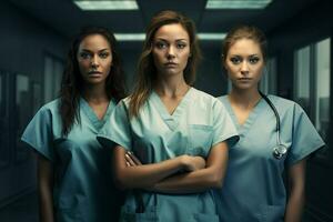 magnifique Jeune femmes dans médical uniforme permanent dans hôpital couloir. ai généré pro photo