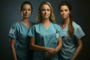 magnifique Jeune femmes dans médical uniforme permanent dans hôpital couloir. ai généré pro photo