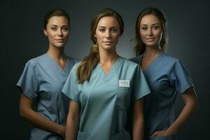 magnifique Jeune femmes dans médical uniforme permanent dans hôpital couloir. ai généré pro photo