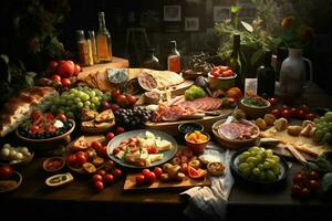 sélection de fromage, Viande, des fruits et des légumes sur une en bois tableau. ai généré pro photo