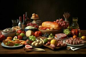 sélection de fromage, Viande, des fruits et des légumes sur une en bois tableau. ai généré pro photo