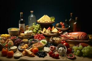 sélection de fromage, Viande, des fruits et des légumes sur une en bois tableau. ai généré pro photo