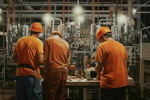 groupe de habile ouvriers travail ensemble dans un électrique installation. ai généré pro photo