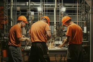 groupe de habile ouvriers travail ensemble dans un électrique installation. ai généré pro photo