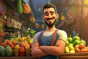 une dessin animé personnage dans une épicerie boutique vente fruit. ai généré pro photo