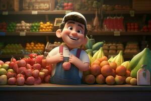 une dessin animé personnage dans une épicerie boutique vente fruit. ai généré pro photo