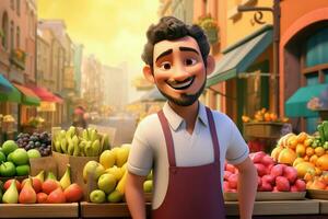 une dessin animé personnage dans une épicerie boutique vente fruit. ai généré pro photo