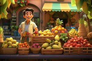 une dessin animé personnage dans une épicerie boutique vente fruit. ai généré pro photo