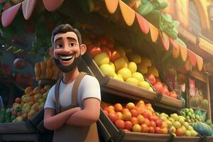 une dessin animé personnage dans une épicerie boutique vente fruit. ai généré pro photo