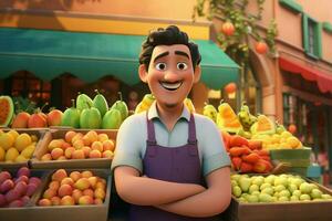 une dessin animé personnage dans une épicerie boutique vente fruit. ai généré pro photo