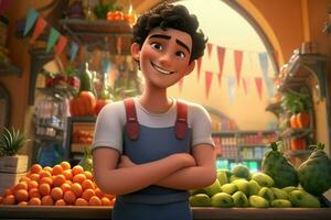 une dessin animé personnage dans une épicerie boutique vente fruit. ai généré pro photo