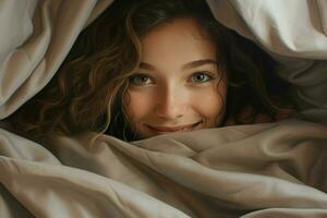 portrait de magnifique Jeune femme mensonge dans lit en dessous de blanc couverture. ai généré pro photo