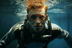 portrait de une plongeur en dessous de le mer. ai généré pro photo