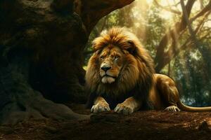 portrait de une gros Masculin Lion dans le jungle. sauvage animal. ai généré pro photo