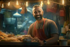 portrait de une souriant âge moyen homme vente Frais poisson dans une poisson magasin. ai généré photo