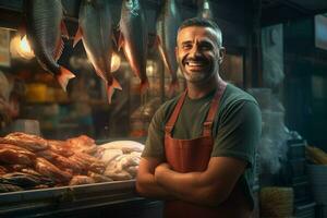 portrait de une souriant âge moyen homme vente Frais poisson dans une poisson magasin. ai généré photo