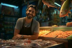 portrait de une souriant âge moyen homme vente Frais poisson dans une poisson magasin. ai généré photo